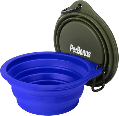 2-Pack Silicone Collapsible Dog Bowls, BPA Free Dishwasher Safe, Portable Foldable Expandable Travel Bowl, Food Water Feeding Cup Dish for Dogs Cats with 2 Carabiners (Army Green, Blue)
