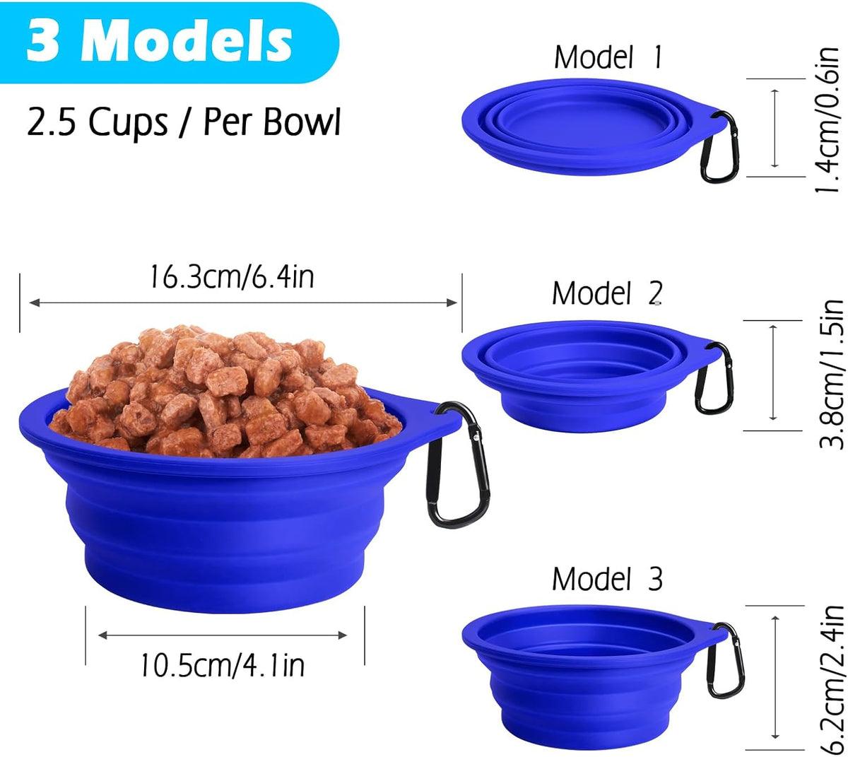 2-Pack Silicone Collapsible Dog Bowls, BPA Free Dishwasher Safe, Portable Foldable Expandable Travel Bowl, Food Water Feeding Cup Dish for Dogs Cats with 2 Carabiners (Army Green, Blue)