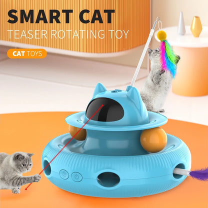 4 in 1 Indoor Interactive Cat Toy with Laser & Retractable Feather Wand, USB Rechargeable, Blue